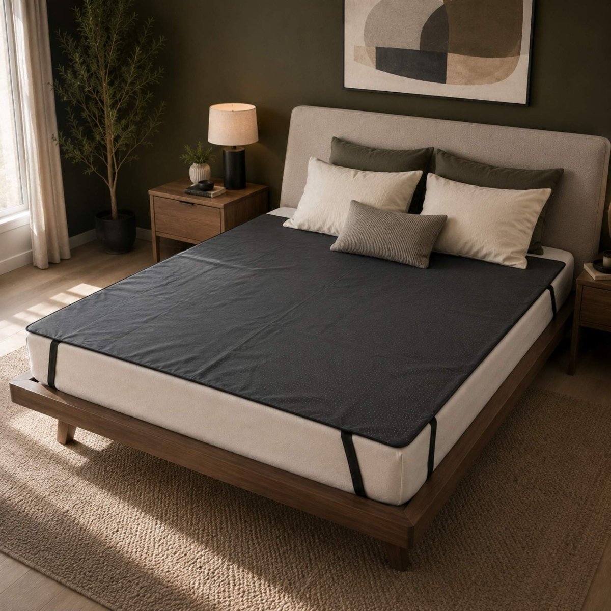King size grounded Kiwi earthing mat on top of a mattress in a modern bedroom