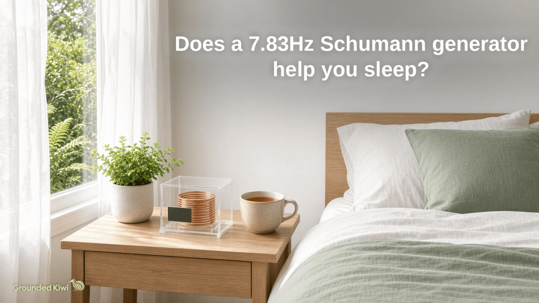 Bright New Zealand bedroom with a small Schumann generator on the bedside table, titled 'Does a 7.83Hz Schumann generator help you sleep?'