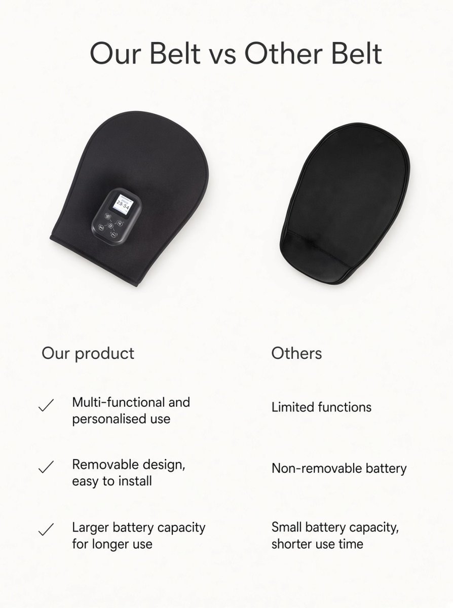 Comparison graphic: our hand wrap with removable controller beside a plain wrap, with a three-point feature list