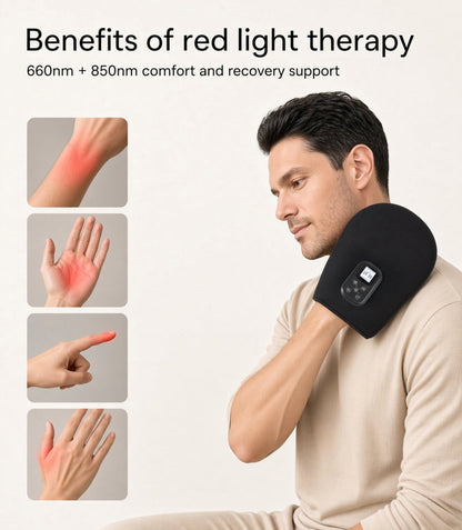 Man resting a black hand wrap with controller at his shoulder, beside close-ups of red light on wrist, palm and fingers