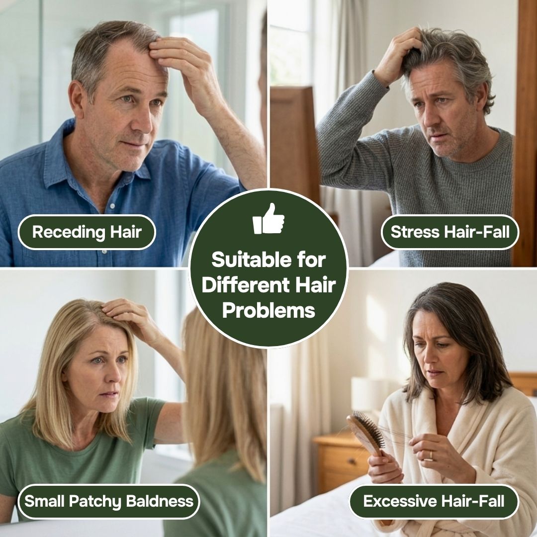 Four-panel collage of hair concerns: receding hairline stress fall patchy baldness and shedding