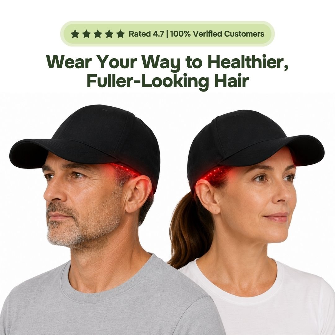 Man and woman wearing black red light therapy caps with a visible red LED glow at the hairline