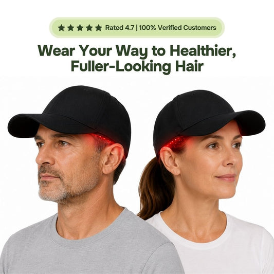 Man and woman wearing black red light therapy caps with a visible red LED glow at the hairline