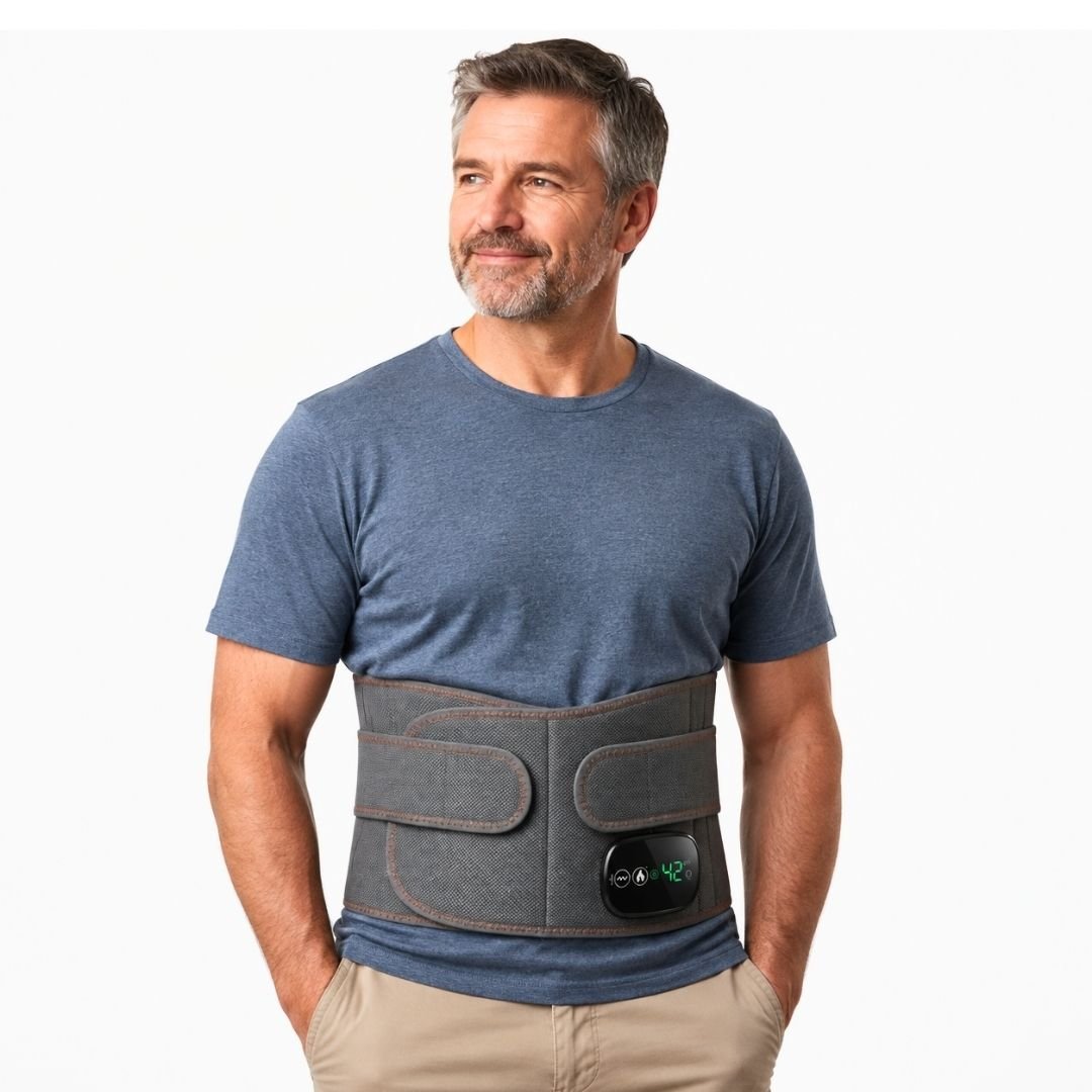 Man wearing a grey heated lumbar belt with digital control showing forty-two