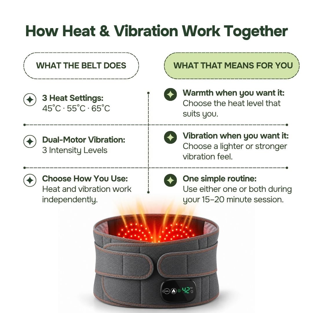 Heated lumbar belt showing heat vibration settings and glowing inner LED panels