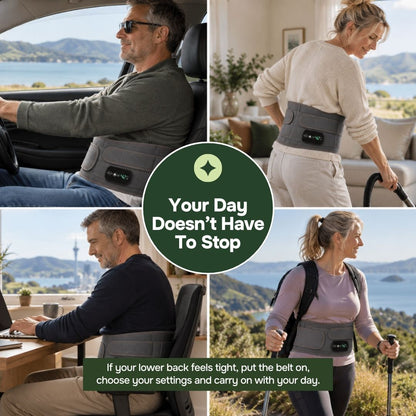 Collage of people wearing a heat vibration back belt while driving cleaning and hiking
