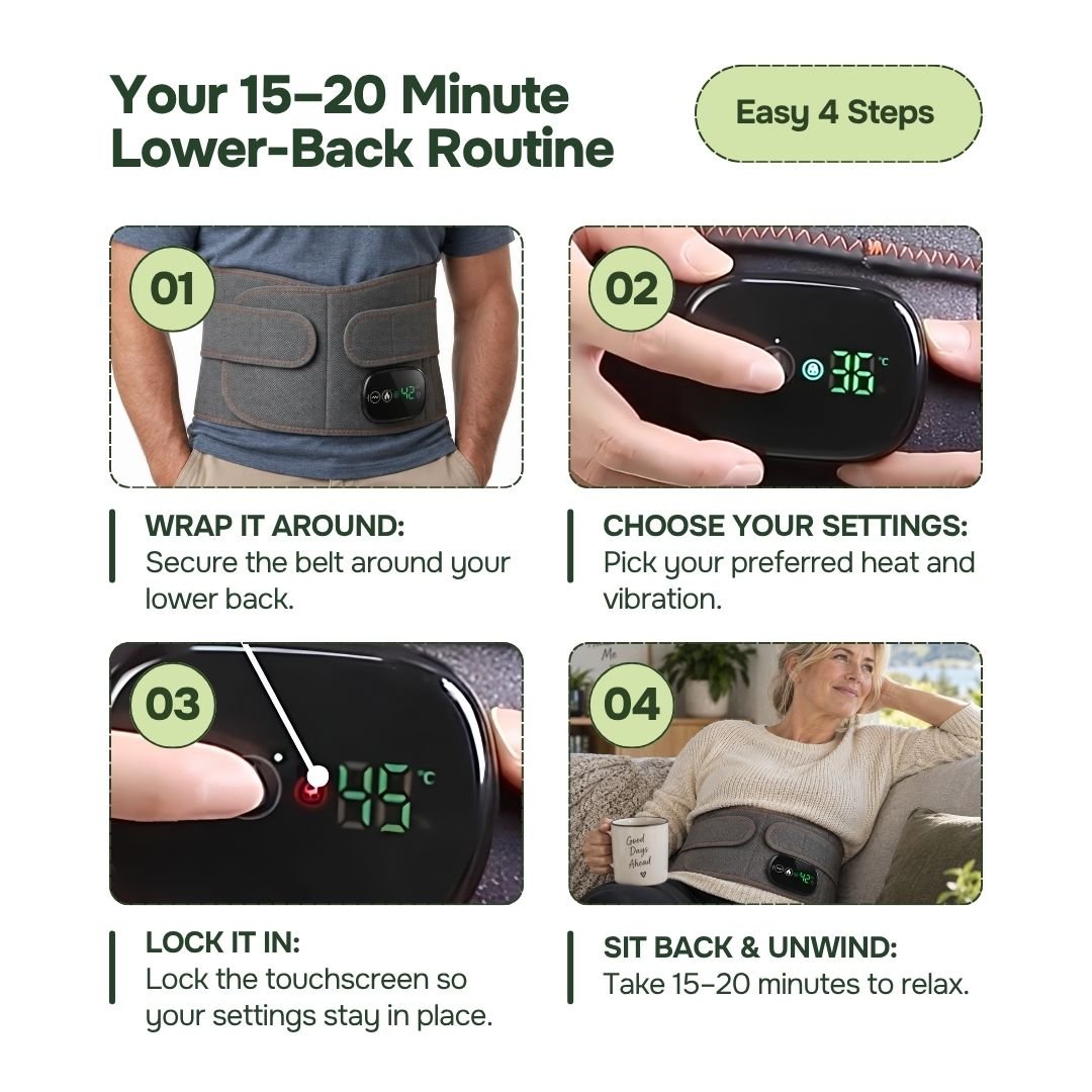 Four-step routine graphic for wrapping and using a heated lumbar belt