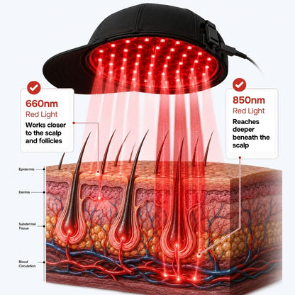 Red light therapy cap directing 660nm and 850nm light into a labelled scalp cross-section