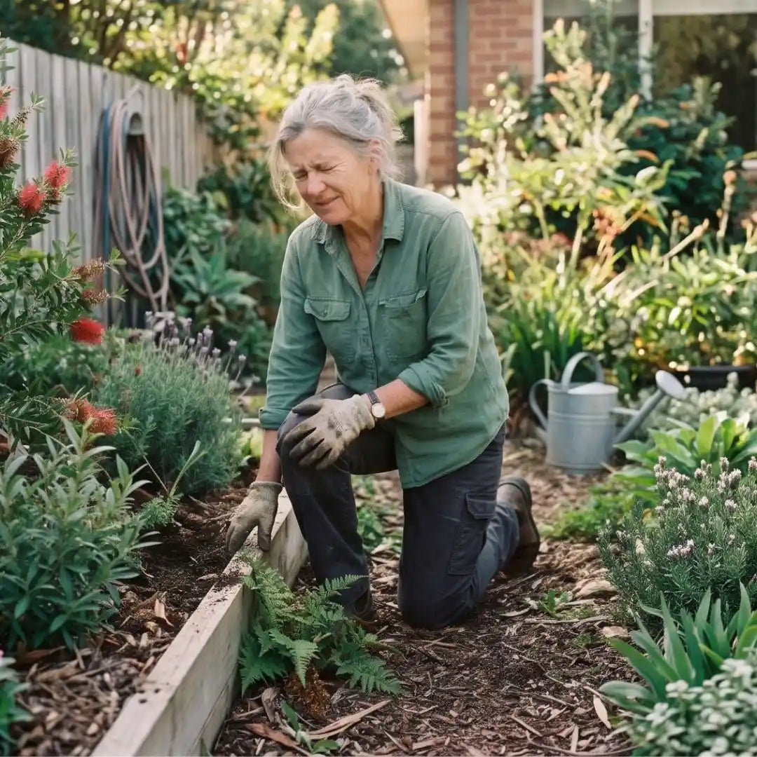 Woman in late 60's in garden with pain on her face because she has a sore knee which she will use a red light therapy joint wrap to help fix