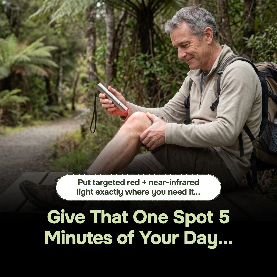 Hiker on a forest trail using handheld red light therapy torch on his knee