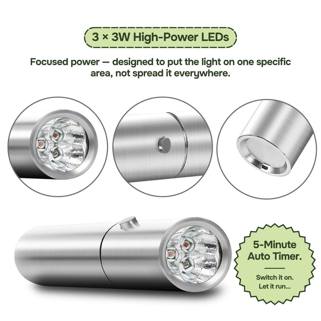 Silver red light therapy torch close-ups showing three LEDs, power button and charging base