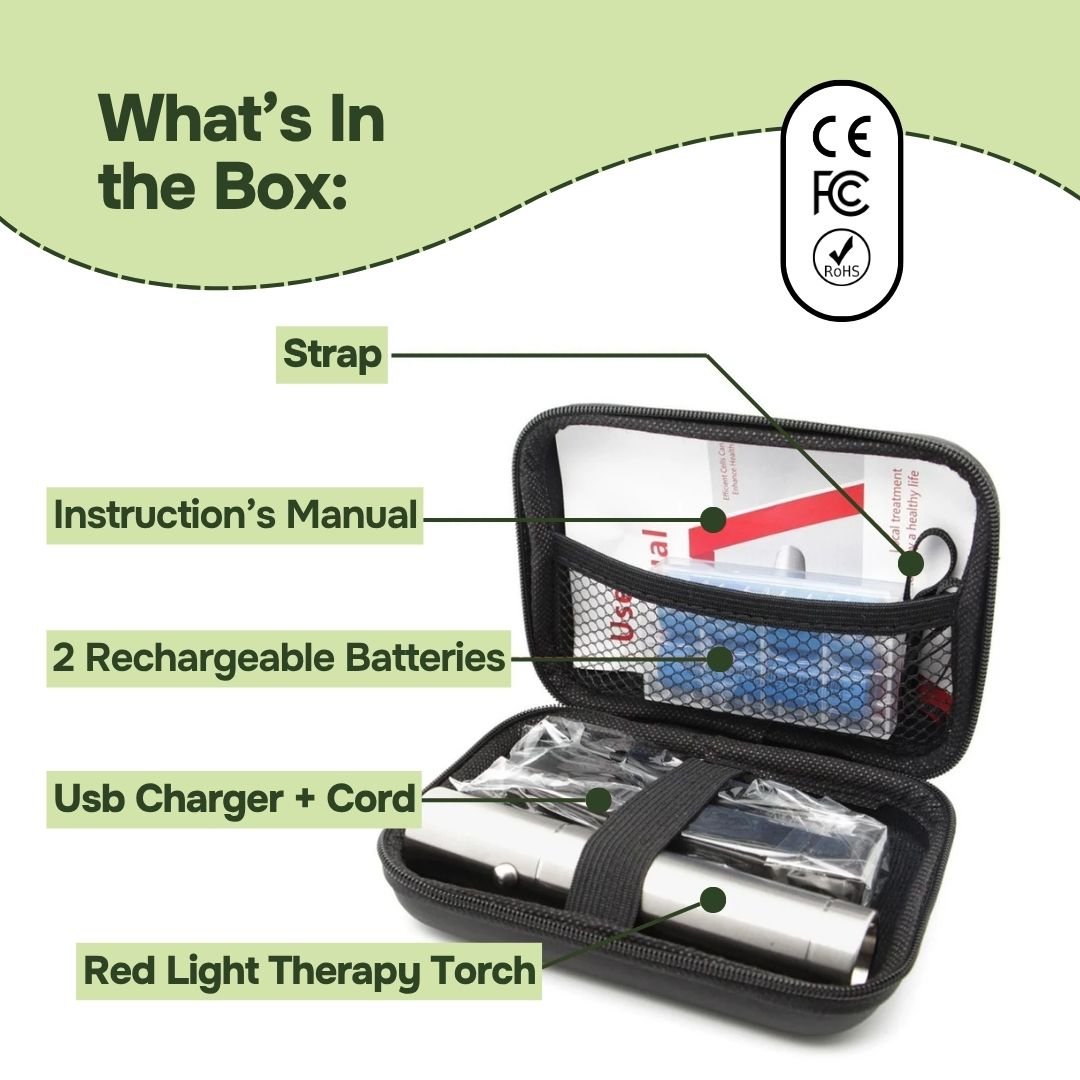 What’s in the box: red light therapy torch, batteries, USB charger, strap and manual in a case