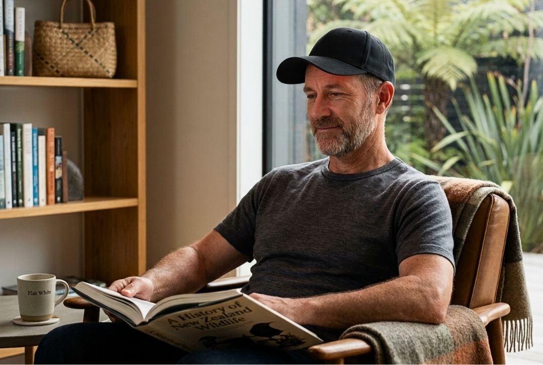 A man wearing a red light therapy cap and relaxing while reading a book while the red light therapy works on his hair growth.