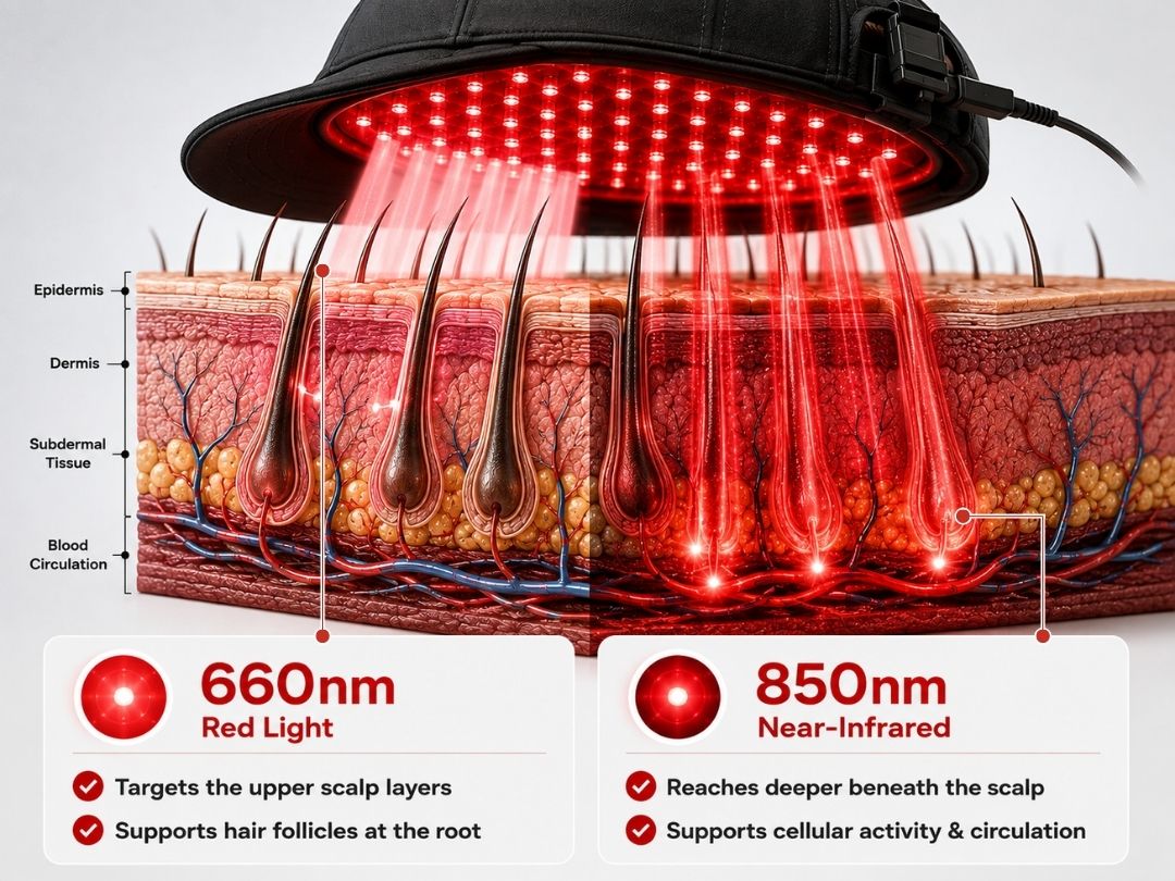 A medical-style scalp cross-section diagram showing a LED red light therapy cap above the scalp, with red light beams projecting into the skin layers. Labels indicate 660nm red light and 850nm near-infrared effects, with text describing targets to upper scalp layers and deeper cellular support.