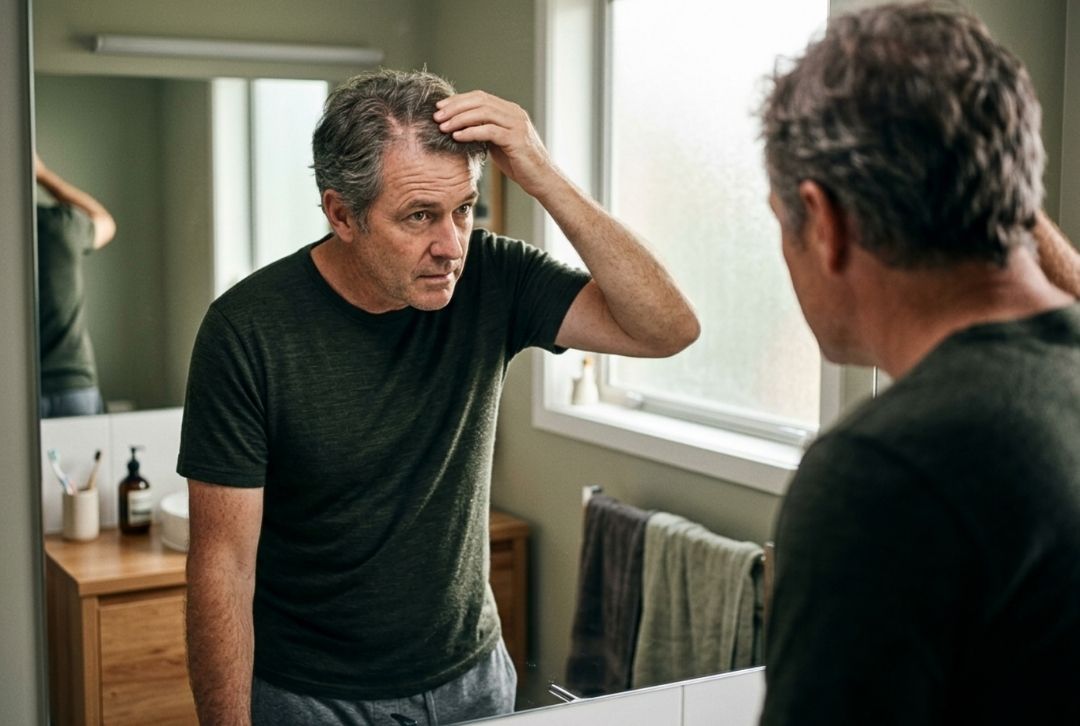 A man in a dark green t-shirt stands in a bathroom looking at his reflection, touching his hair wondering if a red light therapy cap could help his hair growth.