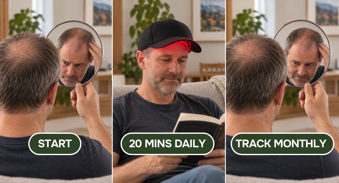 Three-panel collage showing a man looking into a handheld mirror to track hair loss, and then him using a red light therapy cap and the third panel shows some slight hair growth returning. 