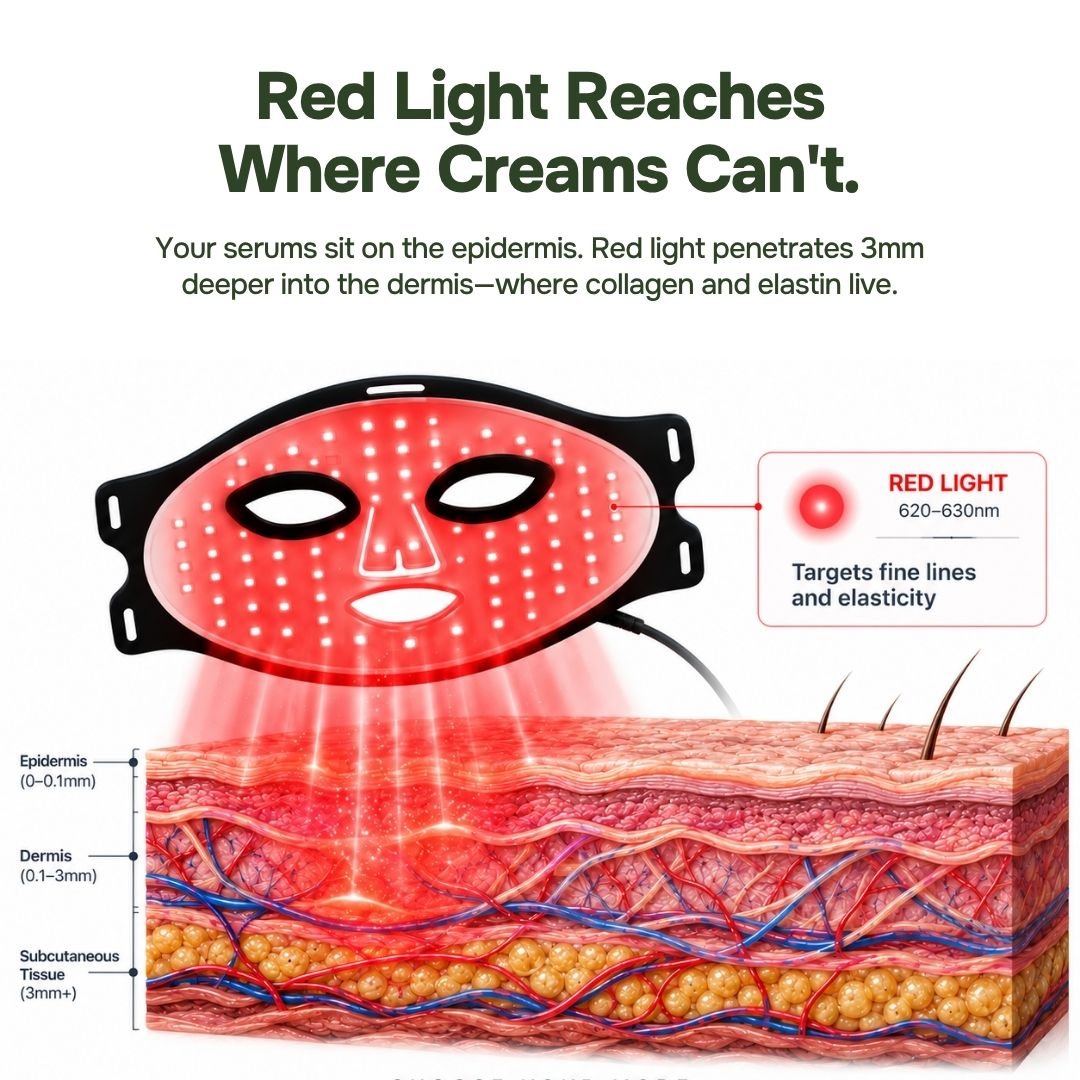 LED face mask over a skin cross-section showing red light reaching the dermis