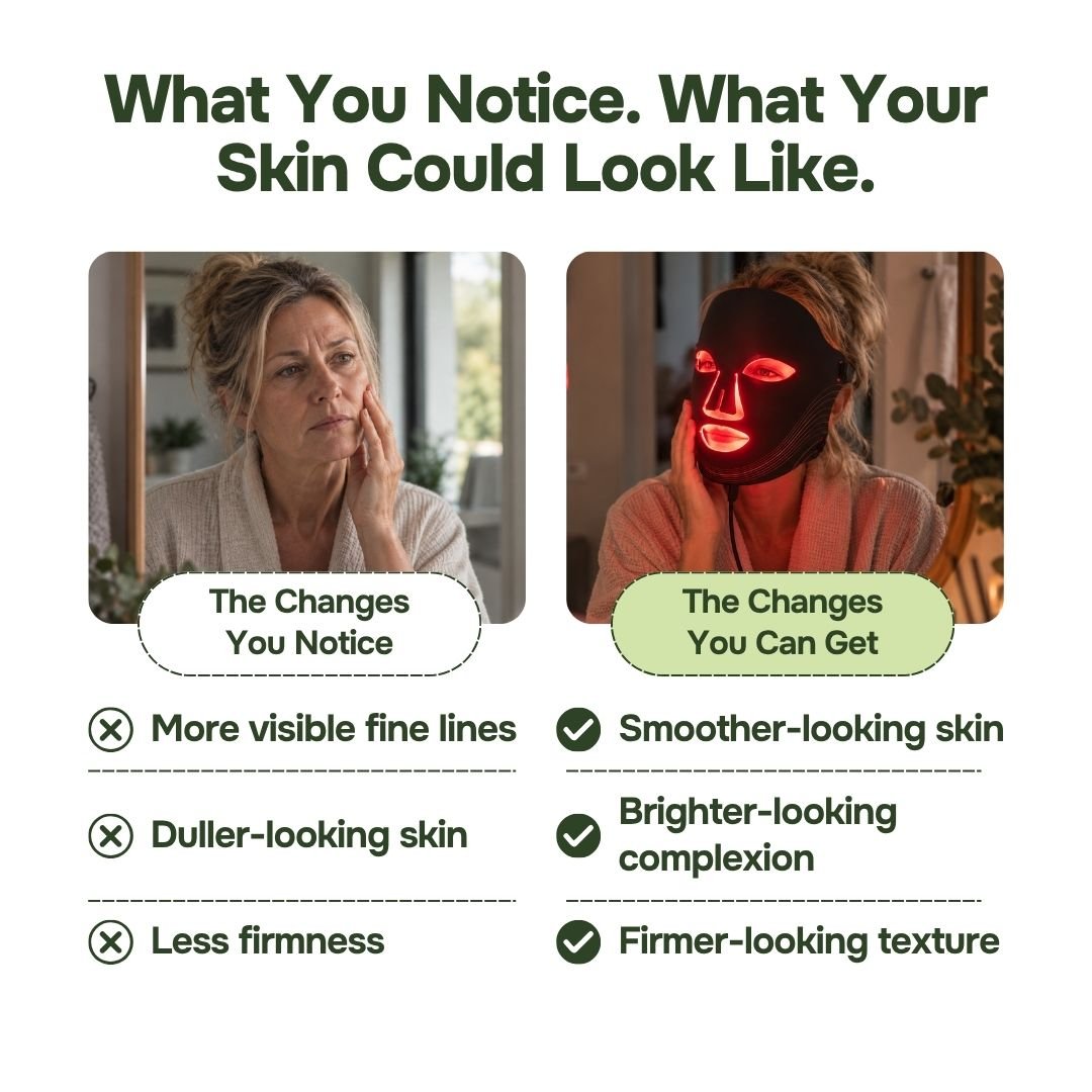 Before and after style graphic for a red light face mask NZ skin care routine