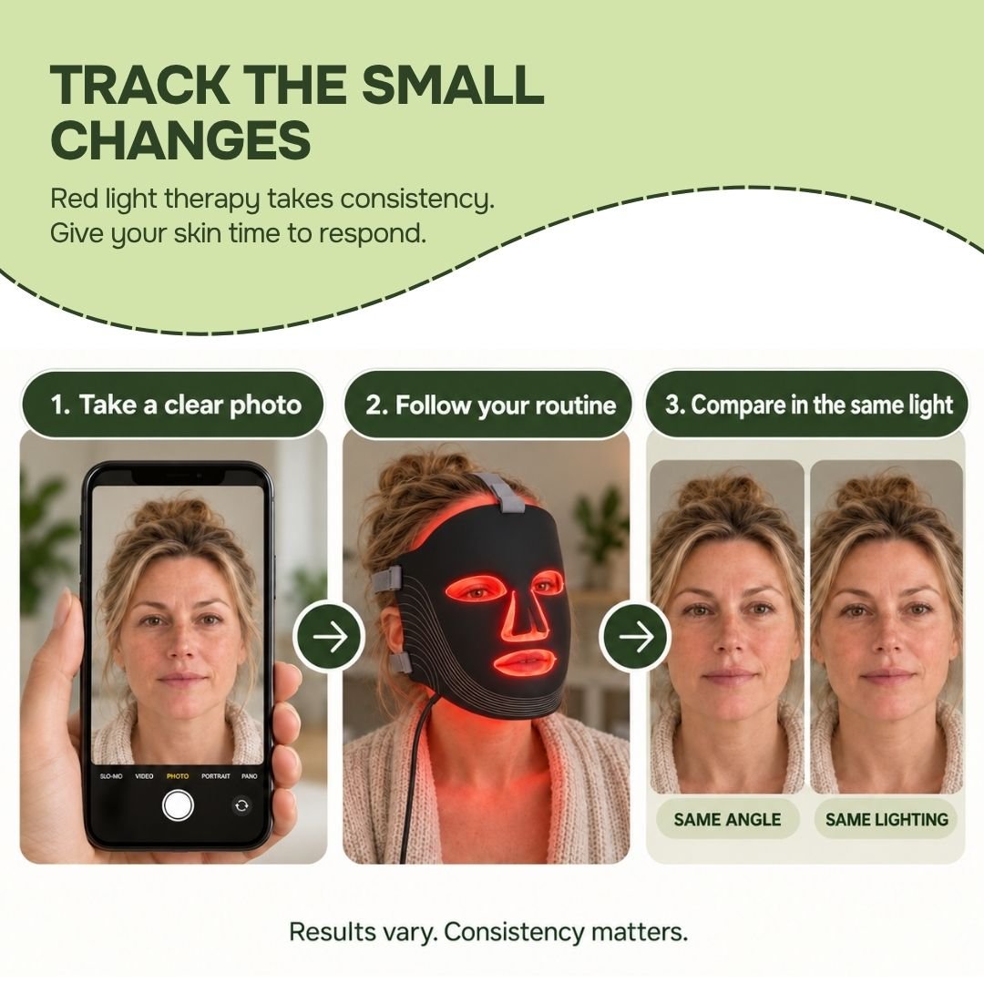 Progress photo tips graphic showing a red light therapy mask NZ during daily use