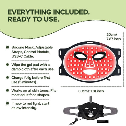 What's included graphic for an LED face mask with straps controller and USB-C