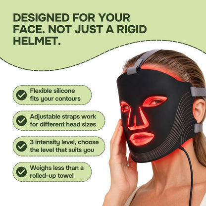 Flexible silicone red light therapy mask NZ with fit comfort and intensity callouts