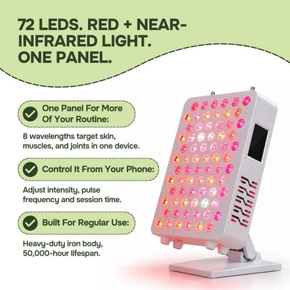 Pro tabletop RLT panel with 72 LEDs, eight wavelengths, phone app control and heavy-duty iron body callouts