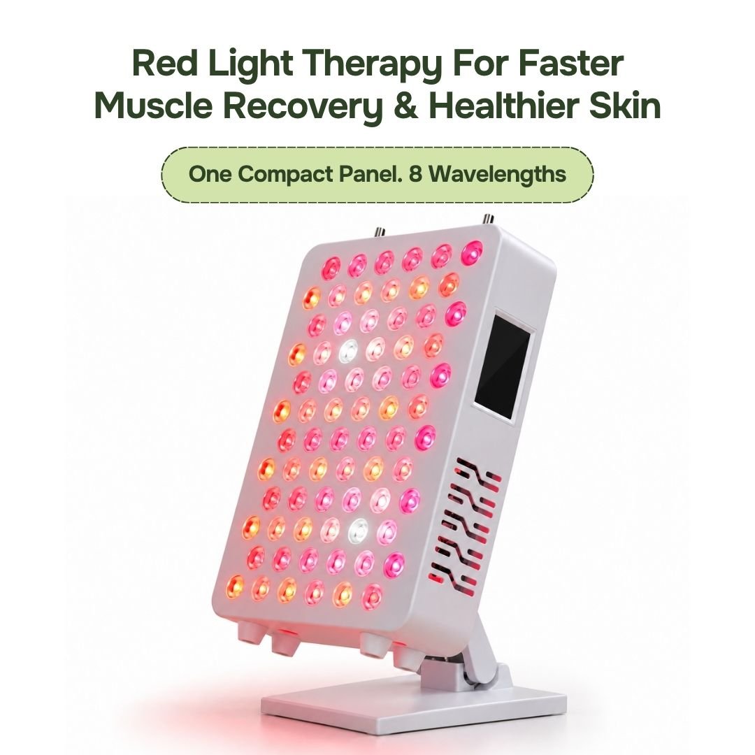 Pro tabletop red light therapy panel on stand with multi-wavelength LED grid for skin and muscle recovery