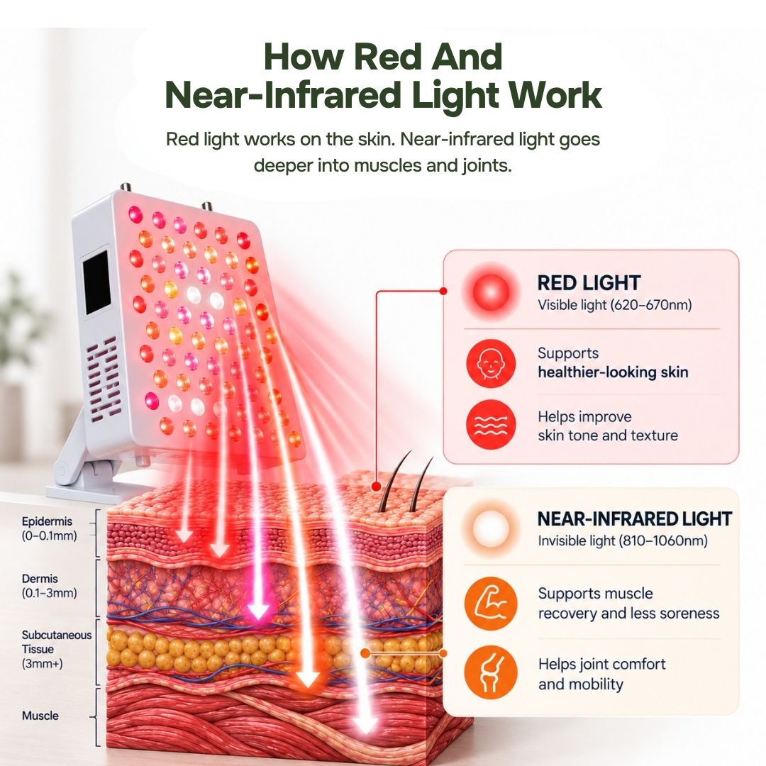 Infographic showing red light for skin layers and near-infrared reaching muscles and joints from a tabletop panel