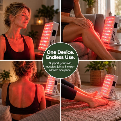 Four lifestyle shots using one tabletop red light panel on face neck knee back and feet