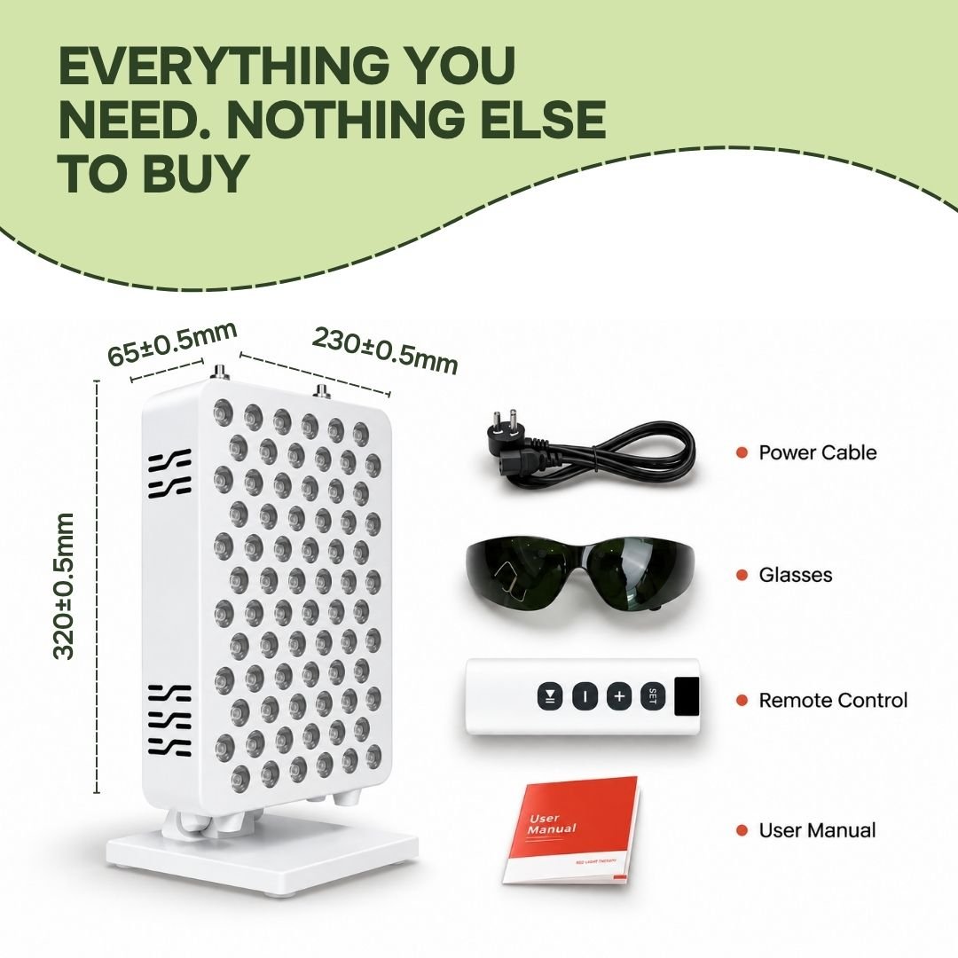 What's in the box: tabletop red light panel with stand, power cable, protective glasses, remote and manual
