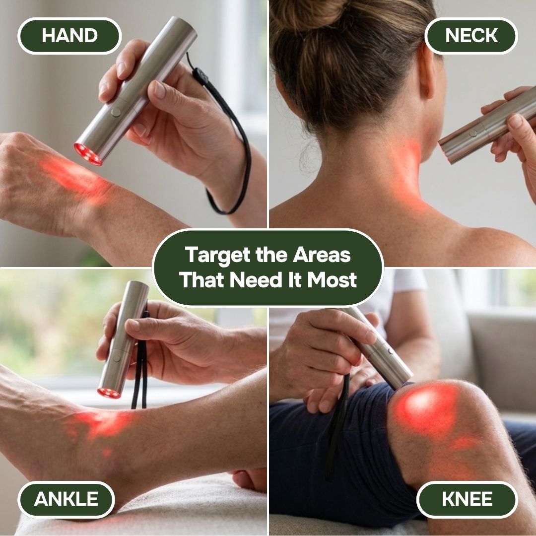 Four photos of red light therapy torch used on hand, neck, ankle and knee