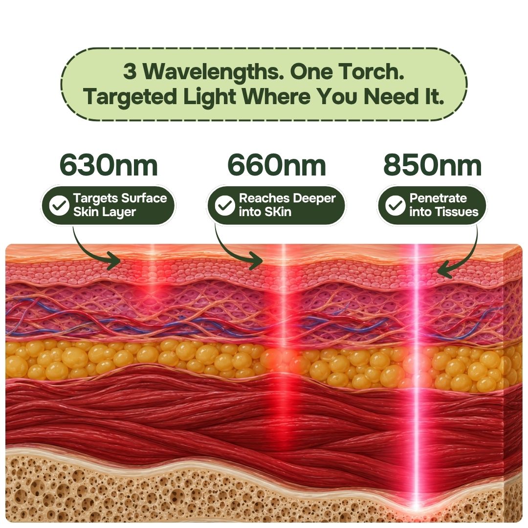 Diagram of red light therapy torch wavelengths 630nm, 660nm and 850nm reaching skin, fat and muscle