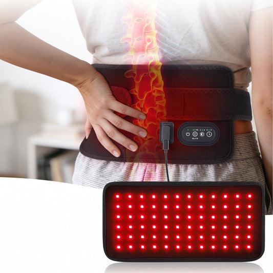 Black red light therapy wrap on a woman's lower back with a spine overlay, plus an inset of its lit LED panel