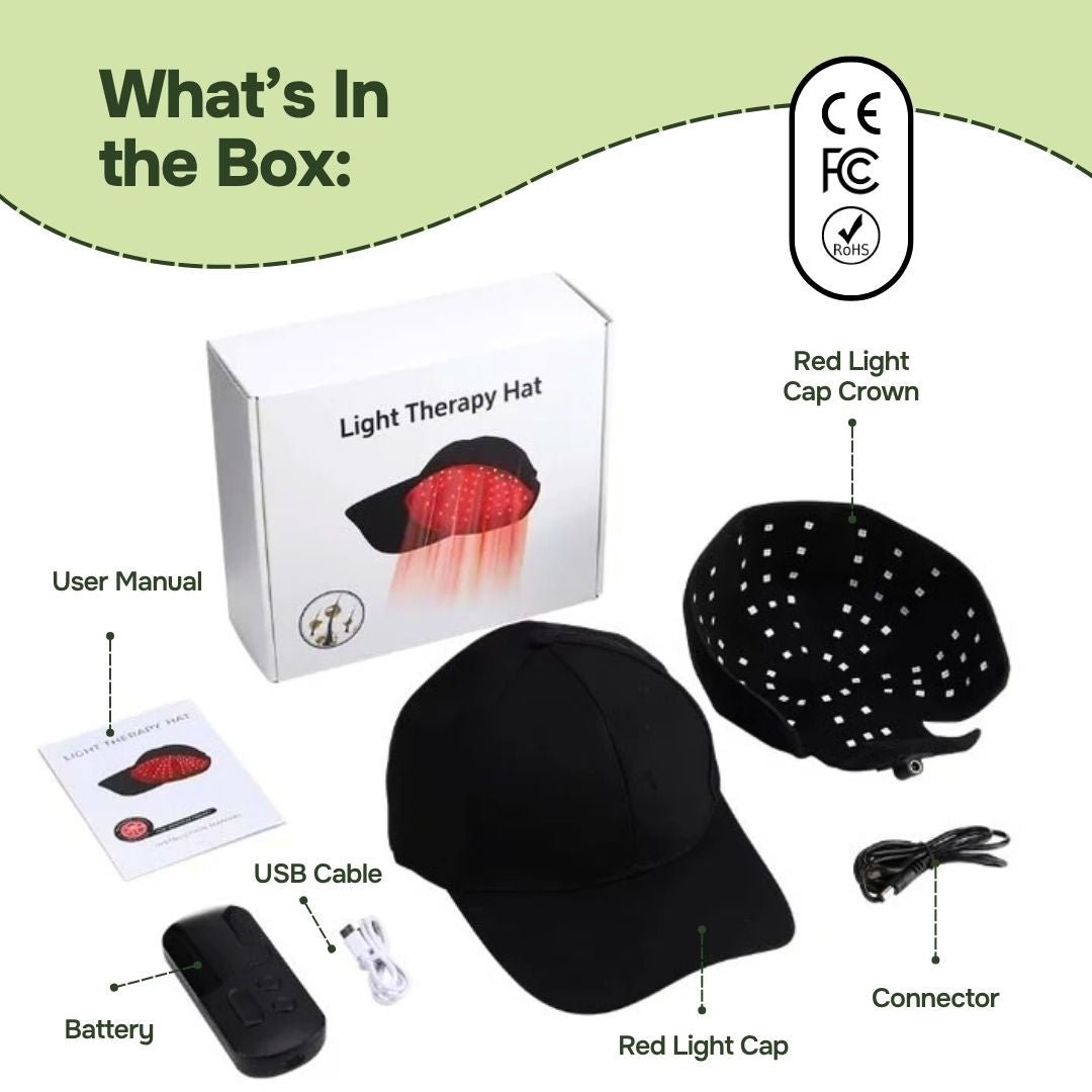 Whats in the box: red light therapy cap LED crown remote battery USB cable connector and manual