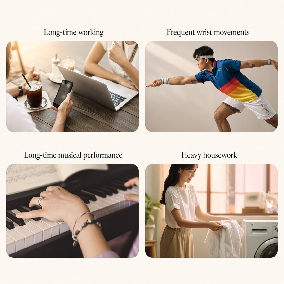 Four everyday scenes: laptop and phone at a café, racket player lunging, hands on piano keys, folding laundry