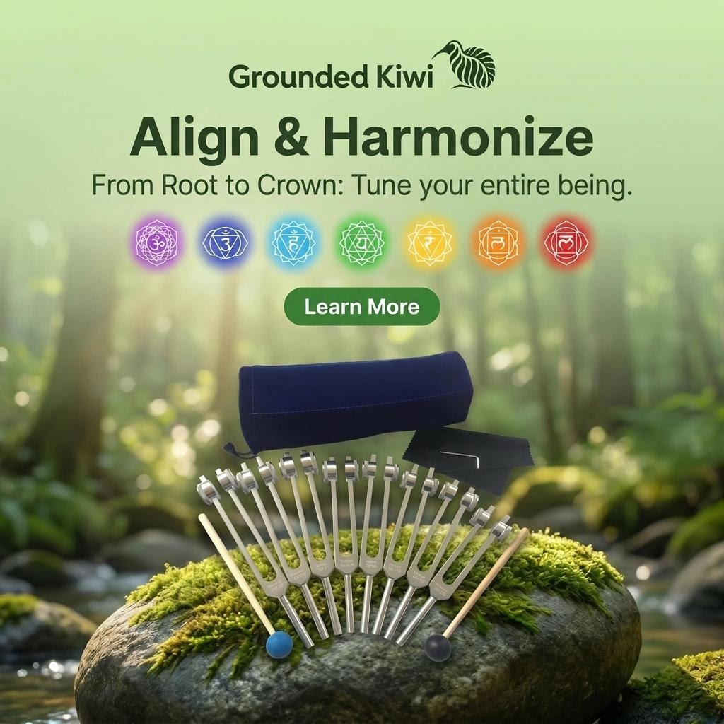 chakra tuning fork set sitting on a rock in a natural background
