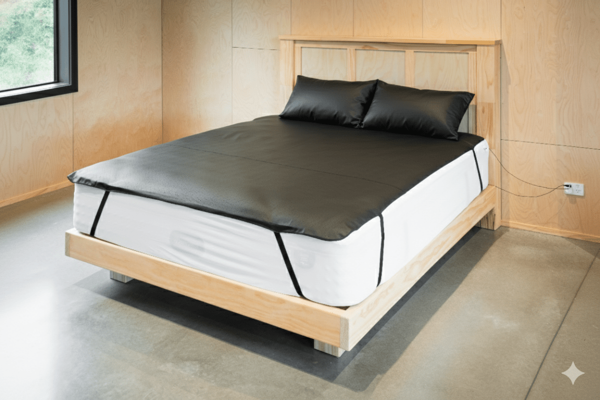 Mattress on a wooden bed frame in a minimalistic room with a window. Grounding mat and two grounding pillows on the bed