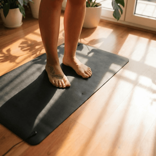 Person standing on a grounding floor mat in a home setting with plants and sunlight.