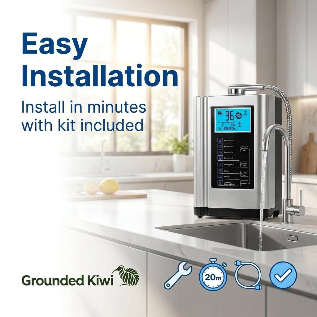 water ionizer on bench with tet overlay saying easy installation 