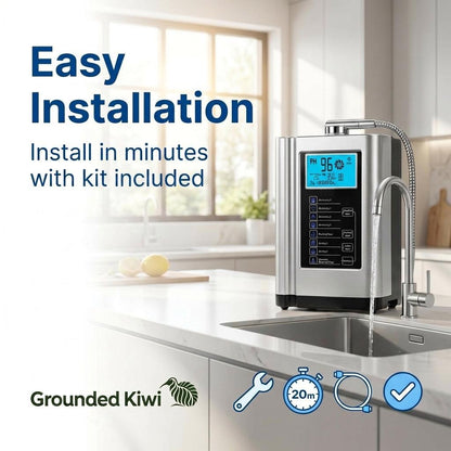 water ionizer on bench with tet overlay saying easy installation 