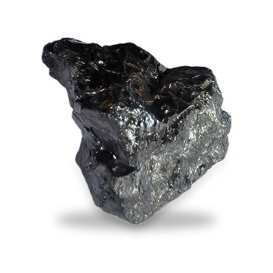 Elite shungite collector's nugget #2, 55 g, silvery metallic natural stone on a white background