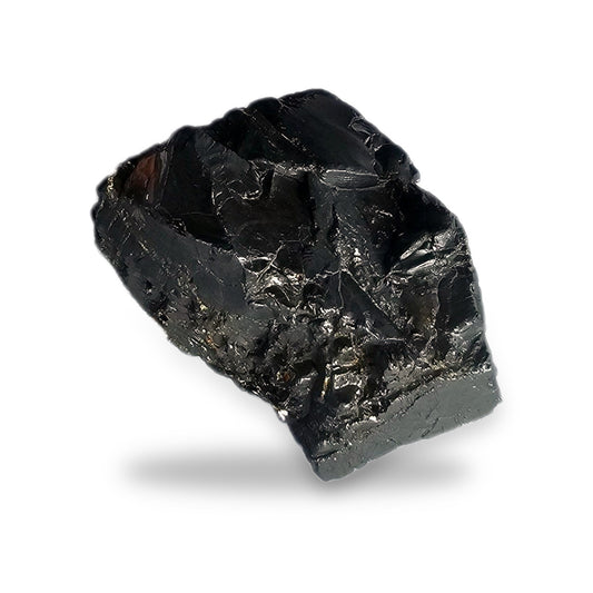 Elite shungite collector's nugget #3, 52.7 g, silvery metallic natural stone on a white background