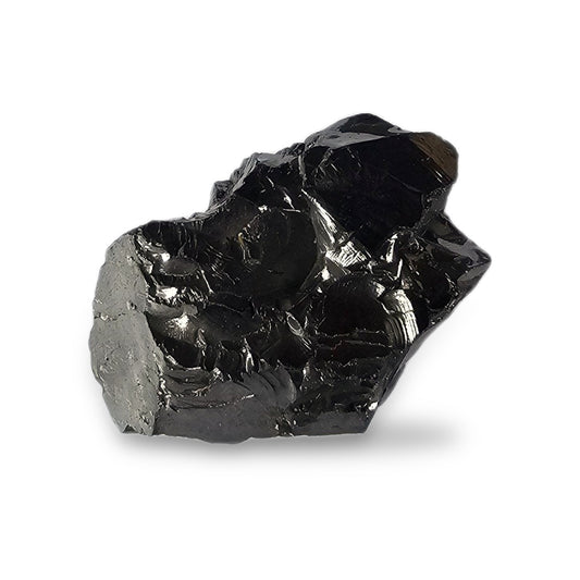 Elite shungite collector's nugget #6, 36.1 g, silvery metallic natural stone on a white background