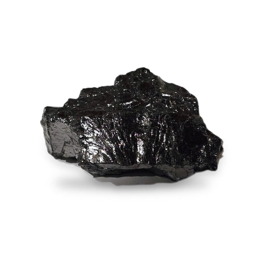 Elite shungite collector's nugget #9, 58.9 g, silvery metallic natural stone on a white background