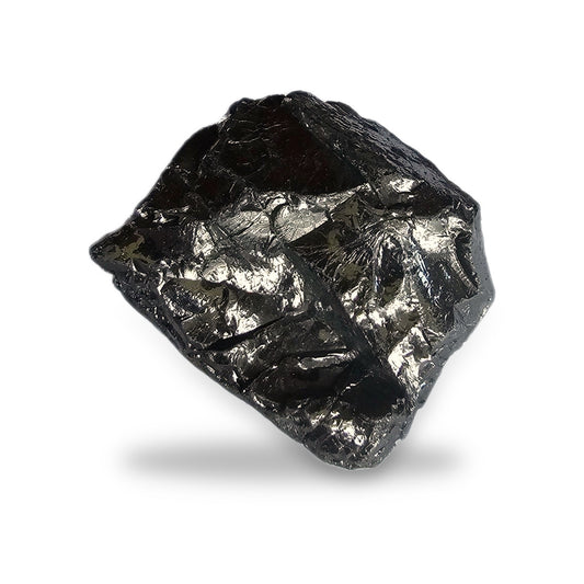 Elite shungite collector's nugget #11, 58.1 g, silvery metallic natural stone on a white background