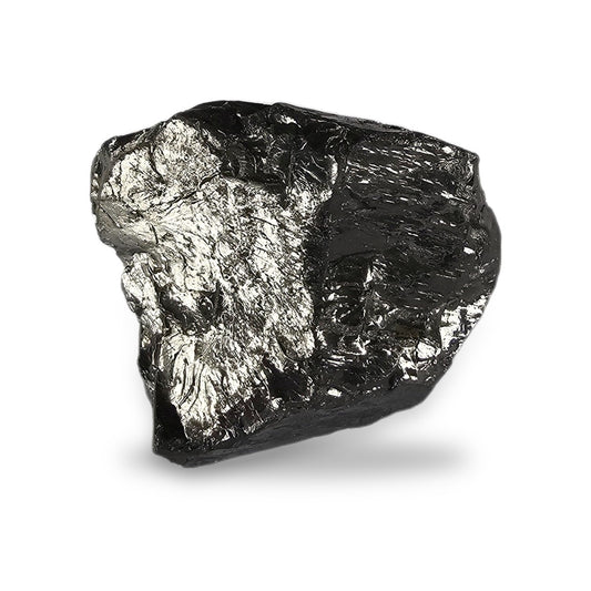 Elite shungite collector's nugget #14, 49.9 g, silvery metallic natural stone on a white background