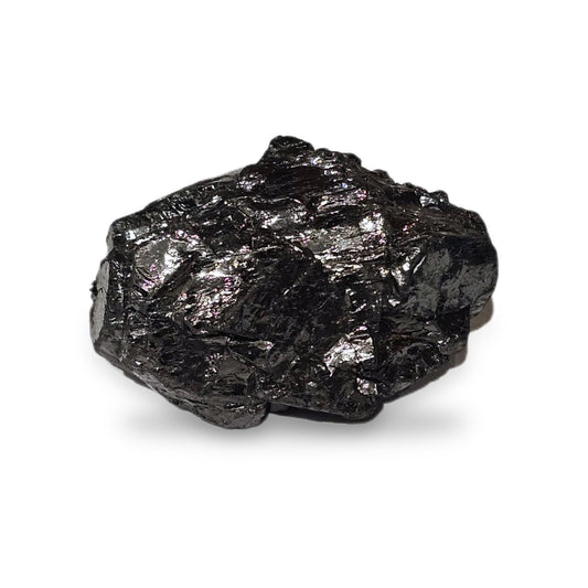 Elite shungite collector's nugget #19, 62.5 g, silvery metallic natural stone on a white background