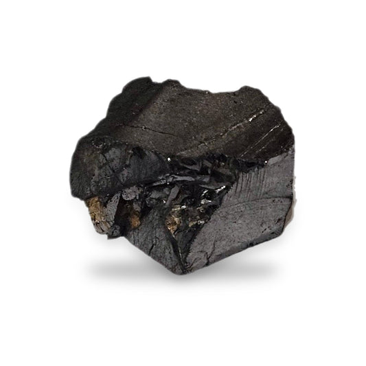 Elite shungite collector's nugget #21, 32.4 g, silvery metallic natural stone on a white background