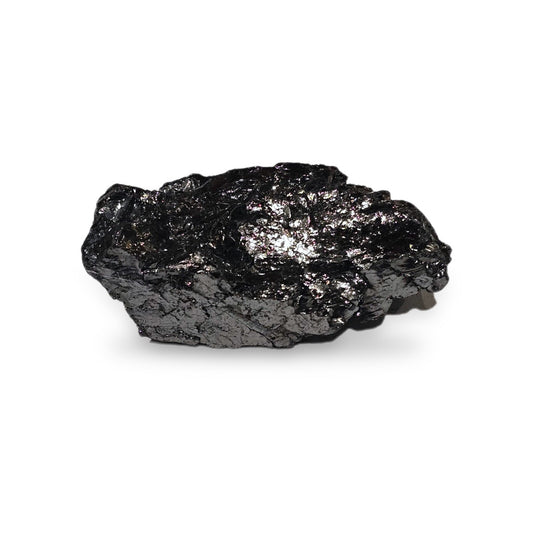 Elite shungite collector's nugget #23, 66.3 g, silvery metallic natural stone on a white background