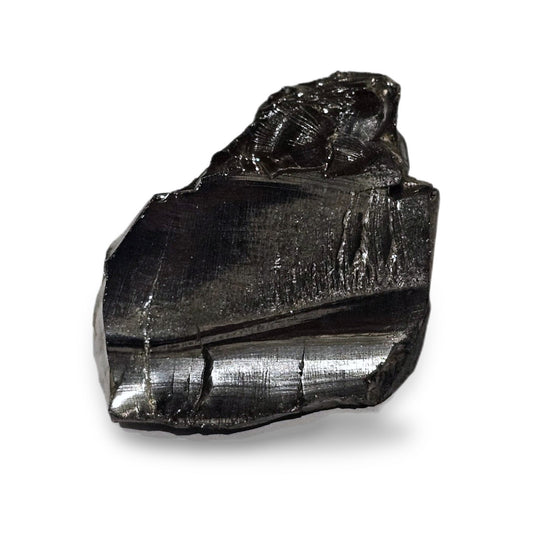 Elite shungite collector's nugget #24, 38.5 g, silvery metallic natural stone on a white background